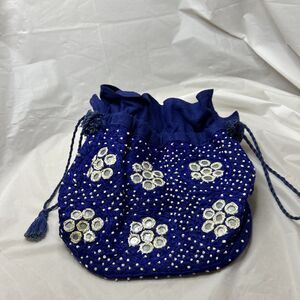 Handbag Purse Royal Blue with White Flowers Beads little Mirrors Handmade
